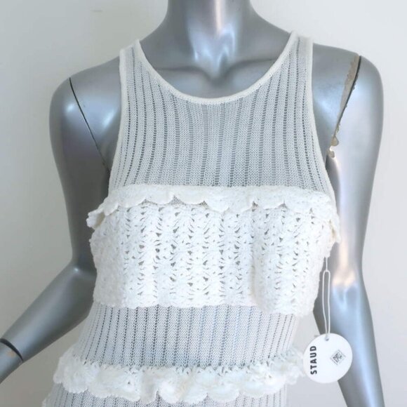 STAUD Sorrento Ruffled Crocheted Maxi Dress White Cotton-Blend Size Medium NEW - Picture 2 of 7